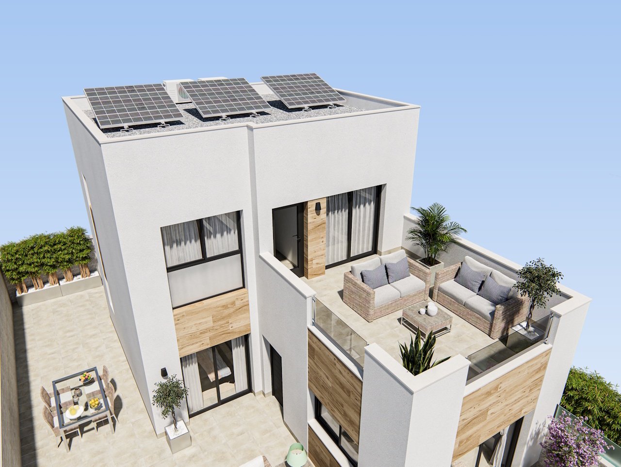 Exklusive Doppelhaushälften mit 3 Schlafzimmern, 2 Bädern, Gäste-WC, Dachterrasse, Klimaanlage, Privatpool und Kfz-Stellplatz