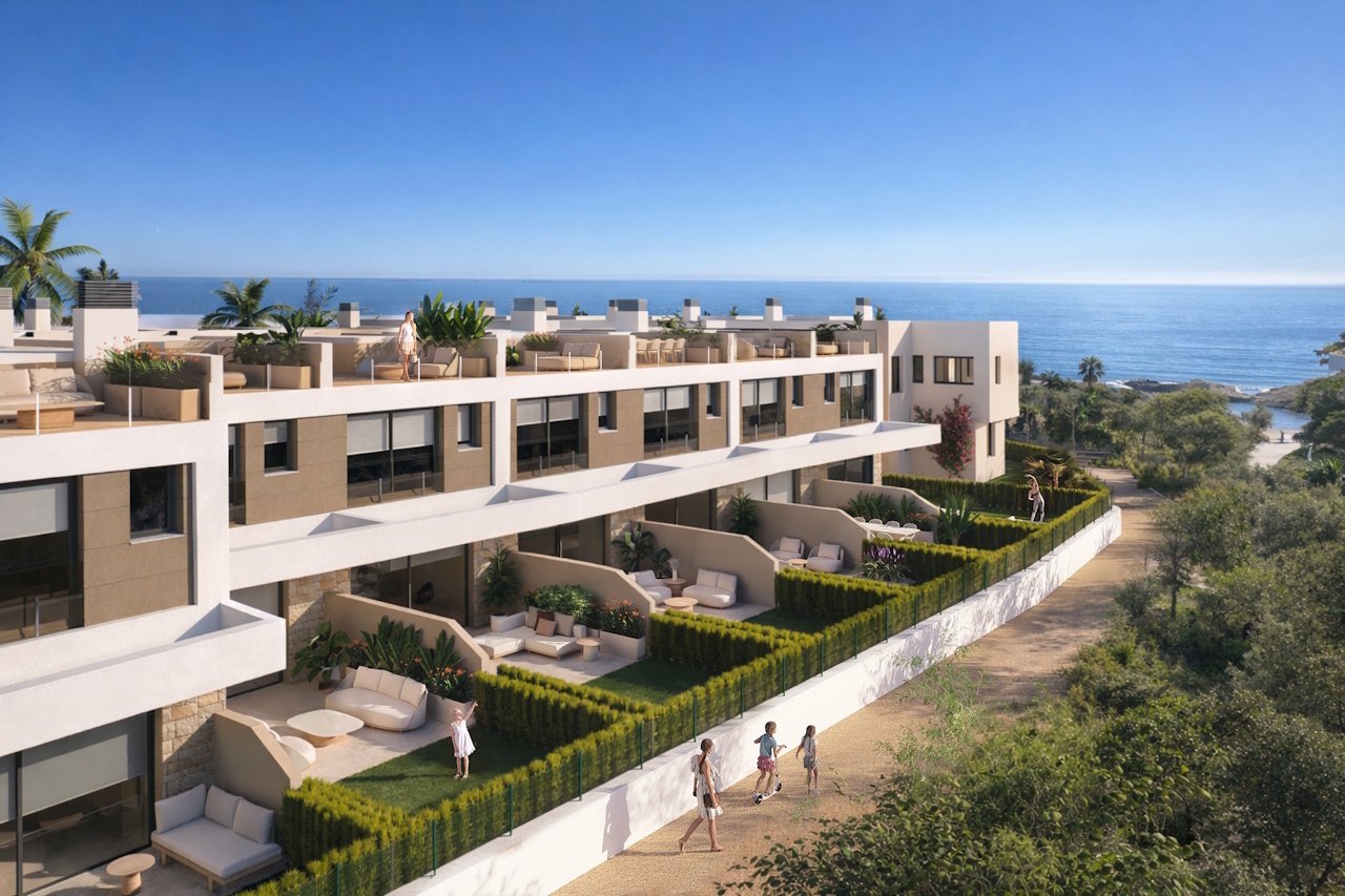 Reihenhäuser mit 3 Schlafzimmern, 2 Bädern, Gäste-WC, Keller/Garage, Meerblick und Gemeinschaftspool in exkusiver Anlage direkt am Meer