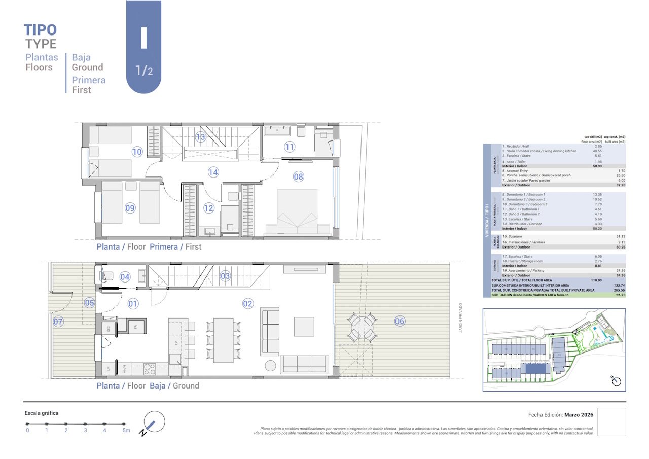 Reihenhäuser mit 3 Schlafzimmern, 2 Bädern, Gäste-WC, Keller/Garage, Meerblick und Gemeinschaftspool in exkusiver Anlage direkt am Meer