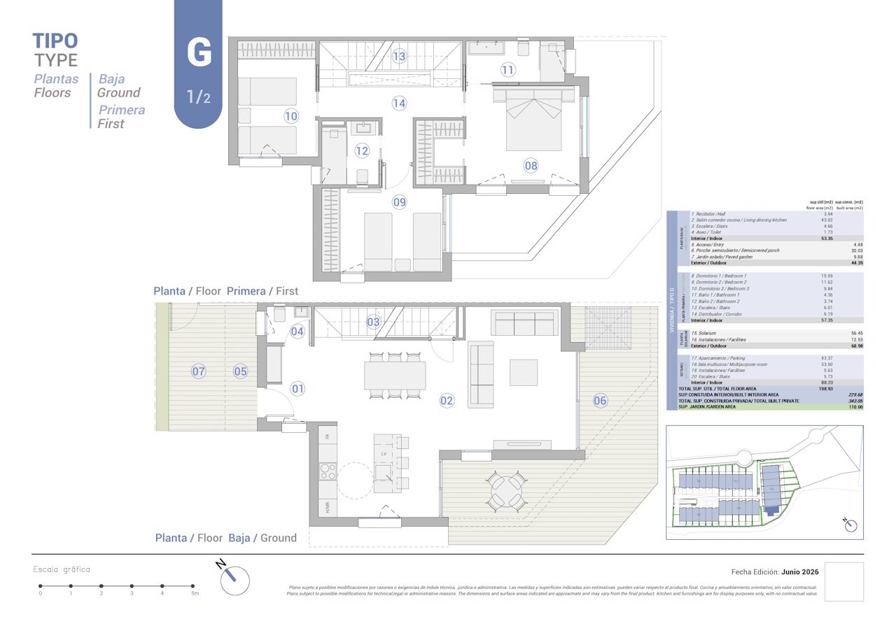 Reihenhäuser mit 3 Schlafzimmern, 2 Bädern, Gäste-WC, Keller/Garage, Meerblick und Gemeinschaftspool in exkusiver Anlage direkt am Meer