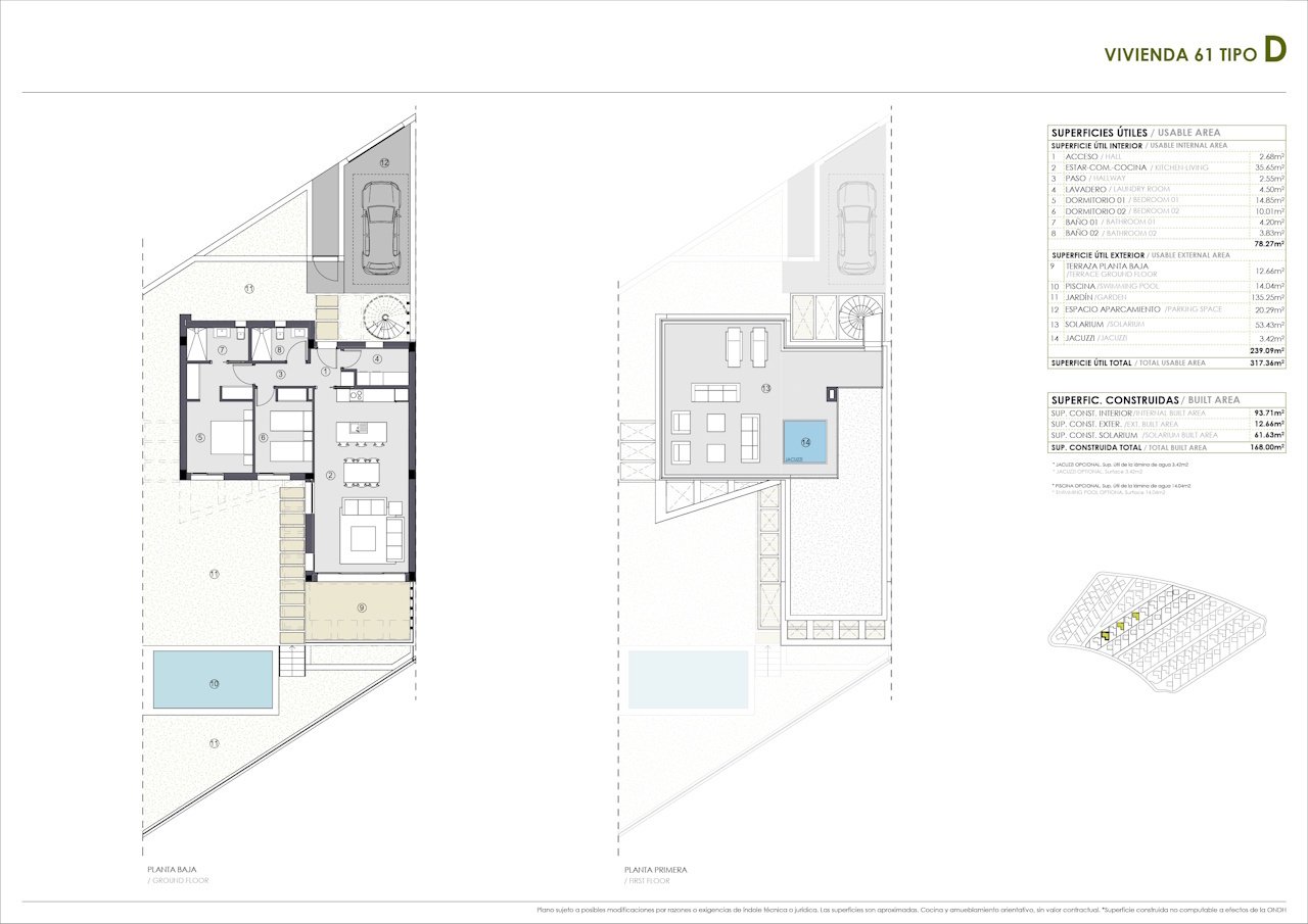 Eingeschossige Villen mit 2 Schlafzimmern, 2 Bädern, optionaler Dachterrasse, Klimaanlage, Meerblick, Kfz-Stellplatz und Privatpool