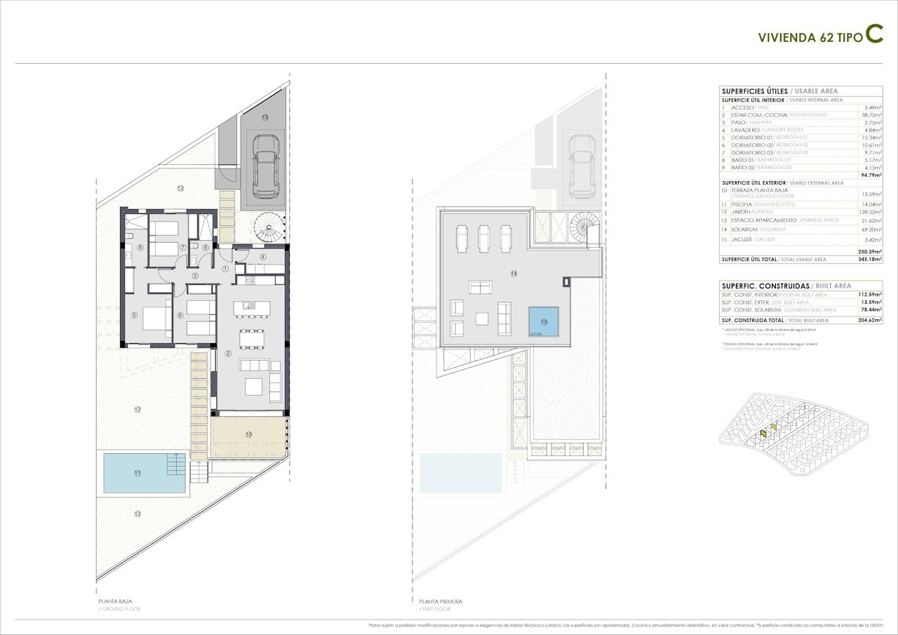 Eingeschossige Villen mit 3 Schlafzimmern, 2 Bädern, optionaler Dachterrasse, Klimaanlage, Meerblick, Kfz-Stellplatz und Privatpool