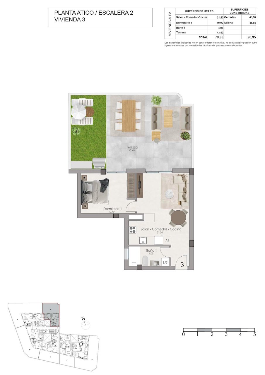 Penthouse-Wohnungen mit 1 Schlafzimmer, 1 Bad, großer Terrasse, Vorinstallation Klimaanlage und Gemeinschaftspool nur 1 km vom Strand