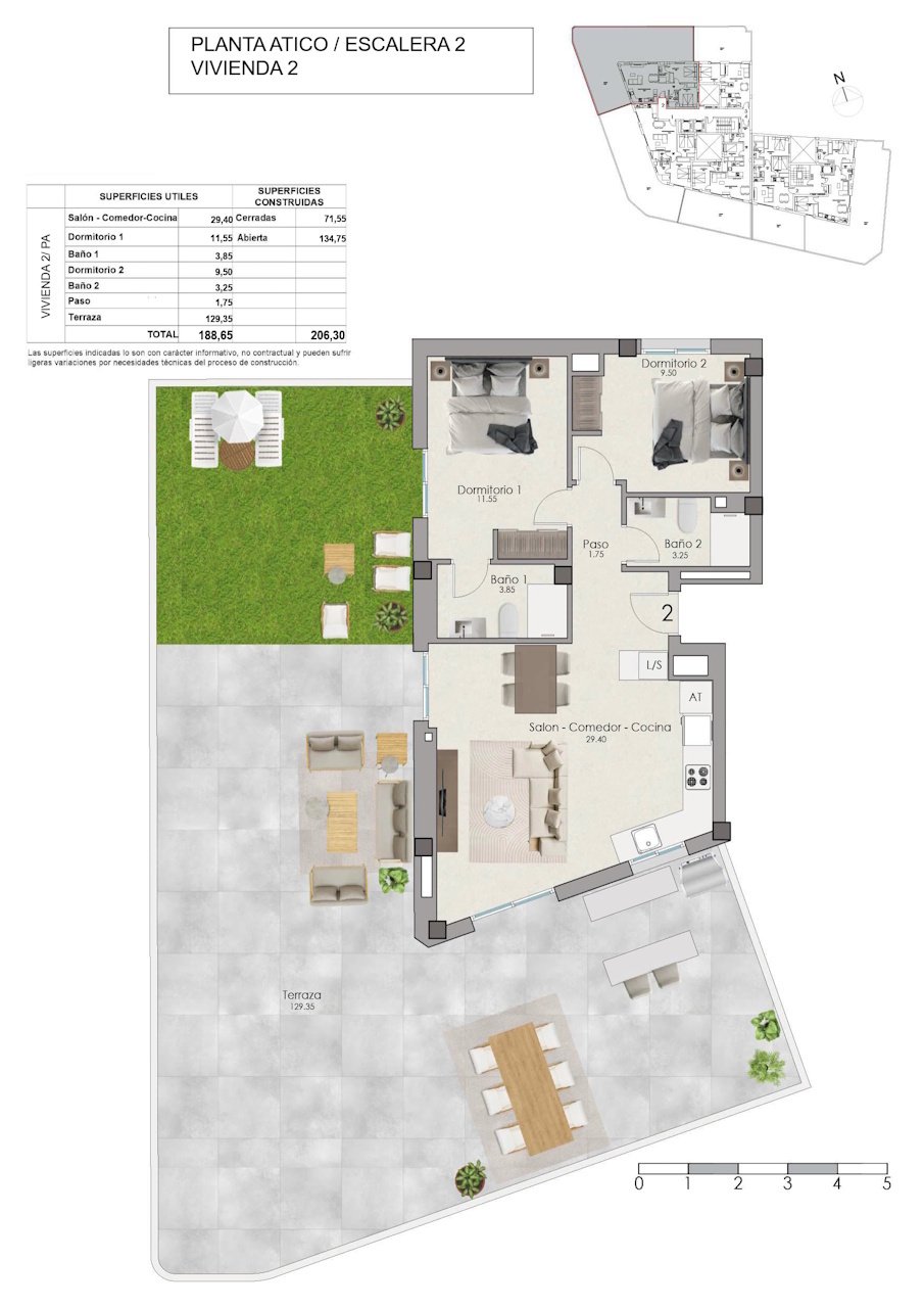 Penthouse-Wohnungen mit 2 Schlafzimmern, 2 Bädern, großer Terrasse, Vorinstallation Klimaanlage und Gemeinschaftspool nur 1 km vom Strand