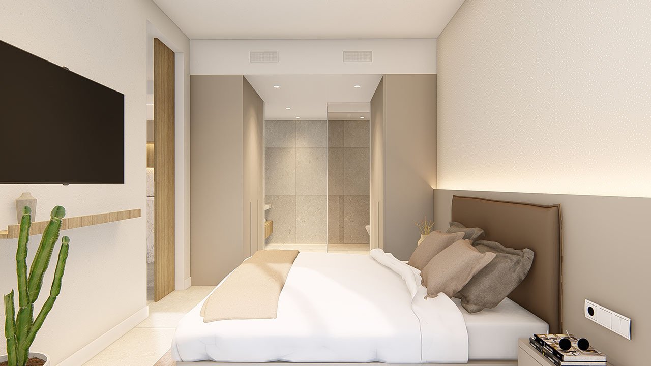 Erdgeschoss-Wohnungen mit 3 Schlafzimmern, 2 Bädern, Klimaanlage, Einbauküchen mit Elektrogeräten, Kfz-Stellplatz und Gemeinschaftspool