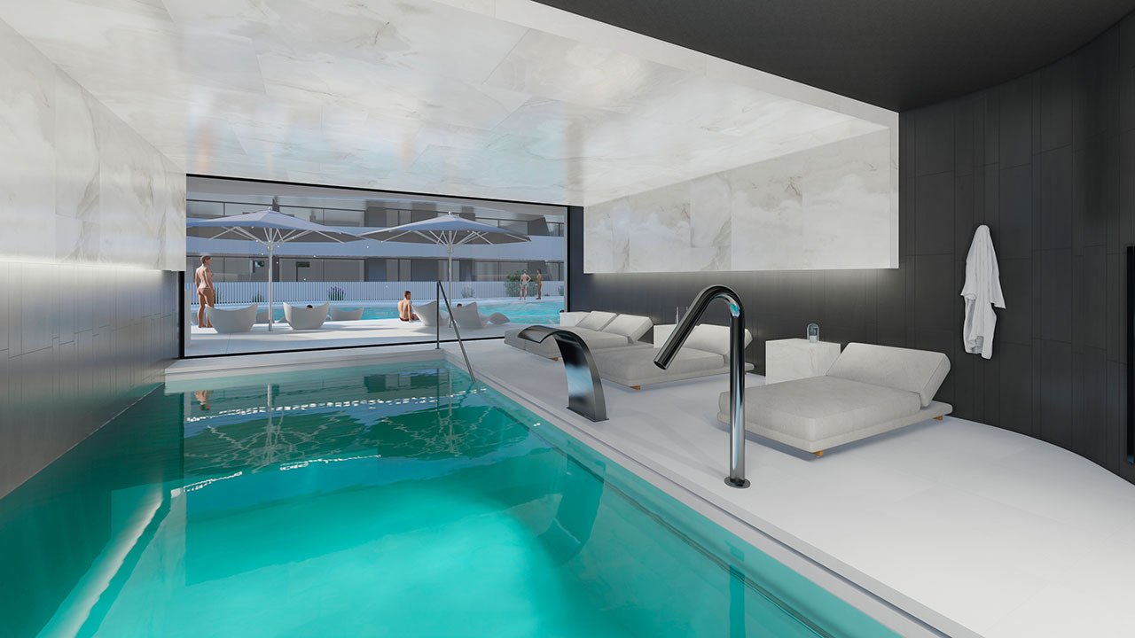 Penthouses with 2 bedrooms, 2 bathrooms, air conditioning and fitted kitchens with electrical appliances in a gated complex with communal pool and SPA