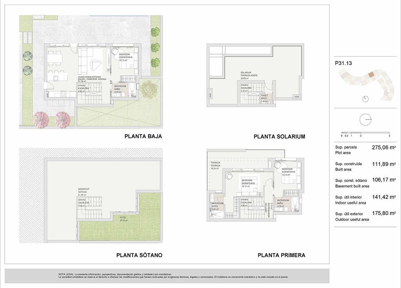 Villas with 3 bedrooms, 3 bathrooms, guest toilet, basement, roof terrace, fitted kitchens with white goods, private parking and private pool