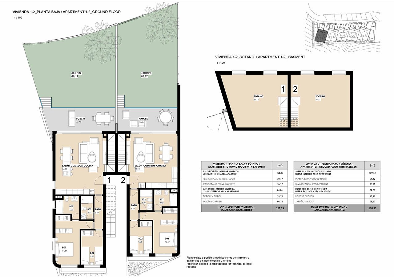 Ground floor apartments with 2 bedrooms, 2 bathrooms, air conditioning, private parking, sea views and communal pool only 300 m from the sea