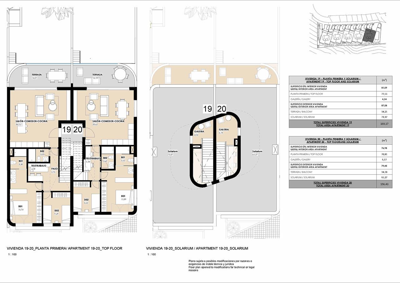 Top floor apartments with 2 bedrooms, 2 bathrooms, air conditioning, private parking, sea views and communal pool only 300 m from the sea