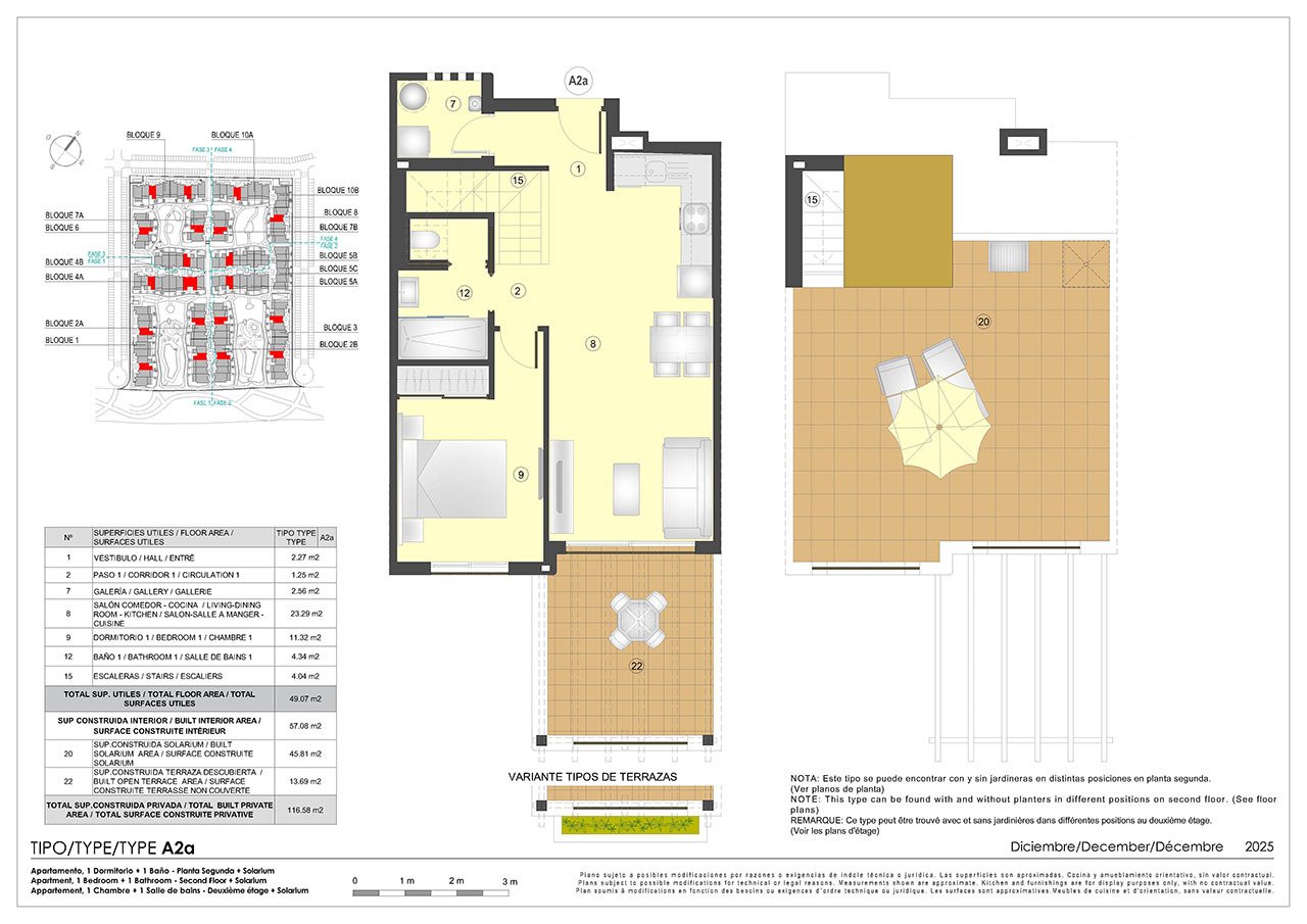1 bed penthouses with roof terrace, underground parking space and communal pool only 500 m from the beach