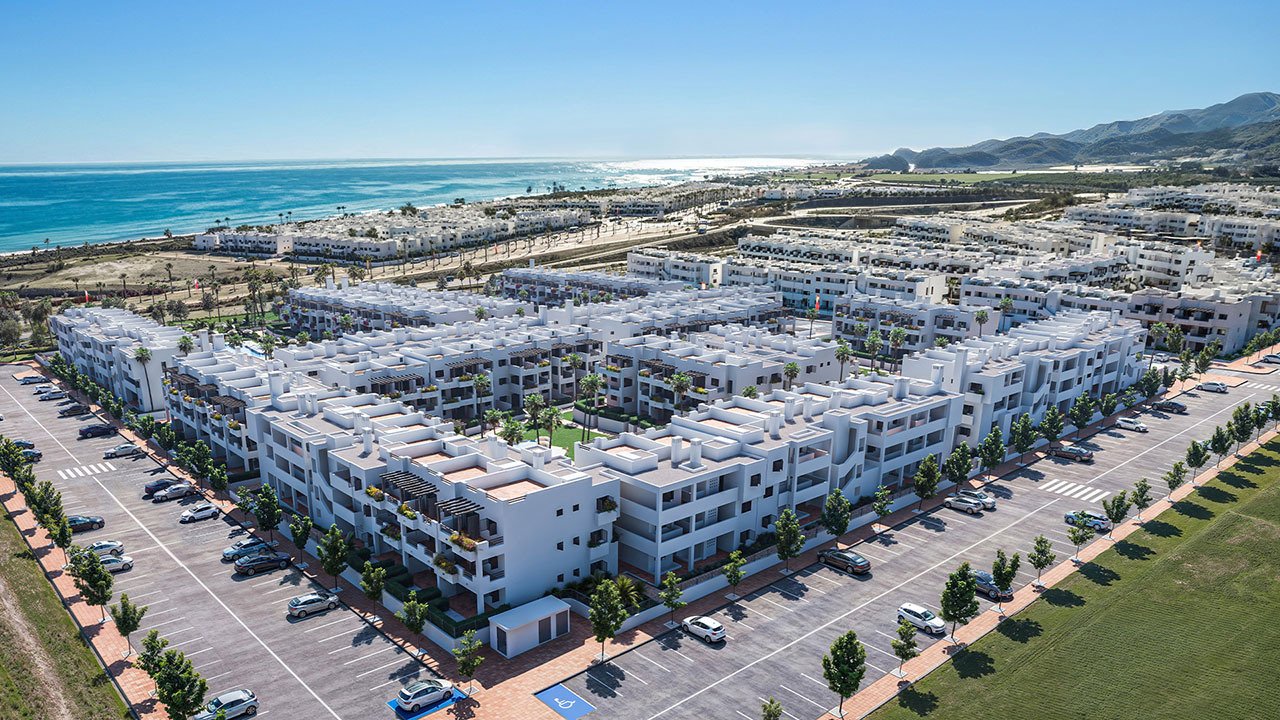 2 bed apartments with underground parking space and communal pool only 500 m from the beach