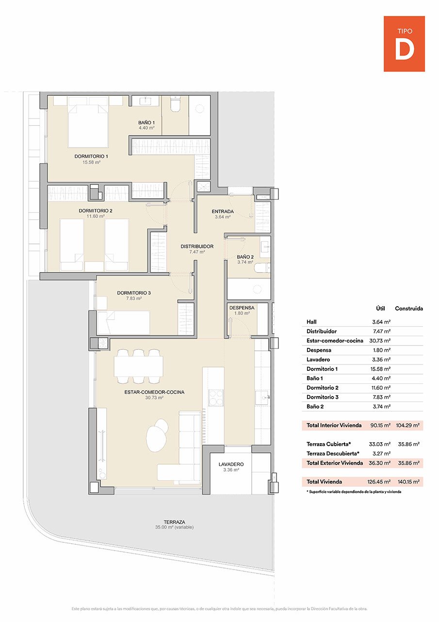 Apartments with 3 bedrooms, 2 bathrooms, air conditioning, private parking and communal pool