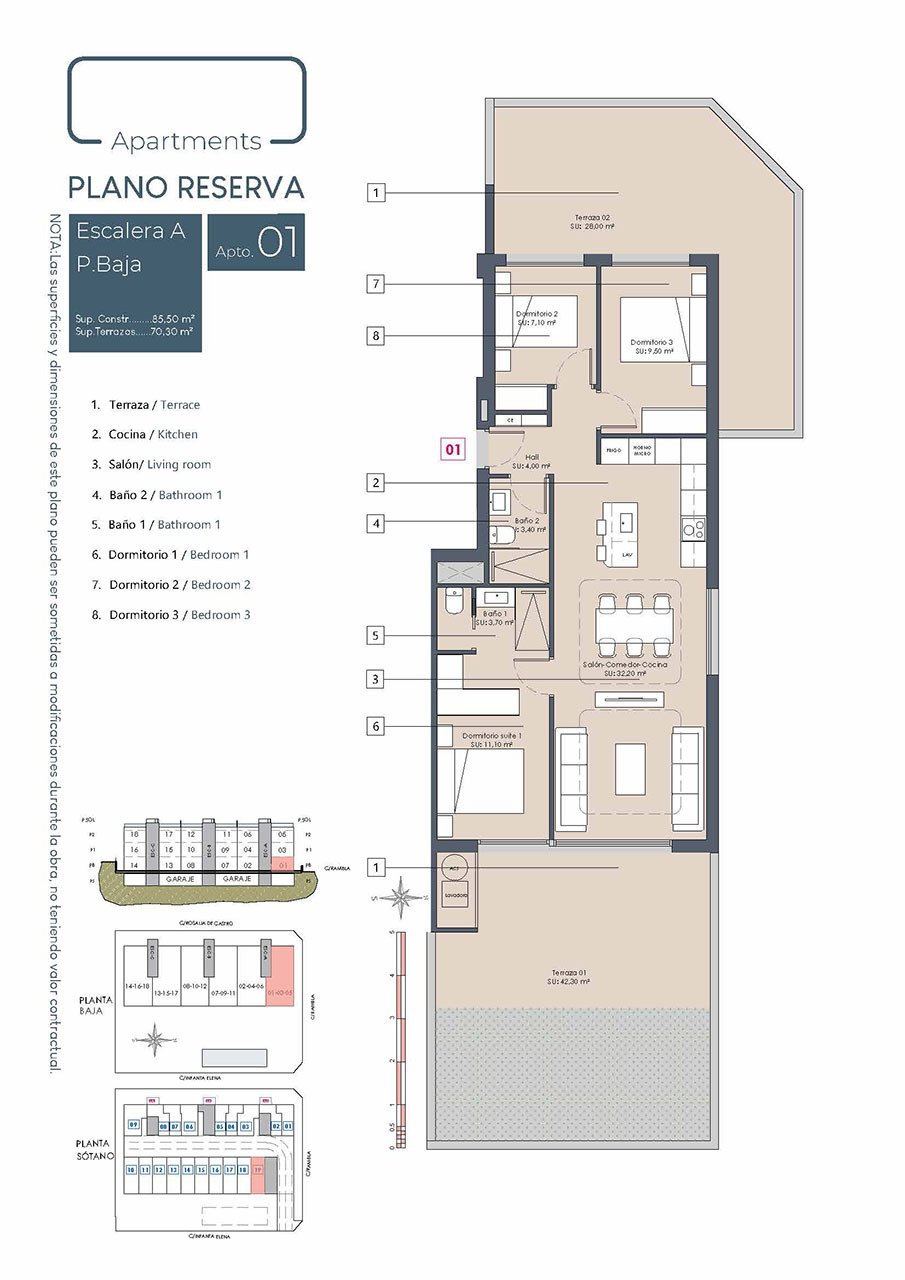 Apartments with 3 bedrooms, 2 bathrooms, private parking and communal pool
