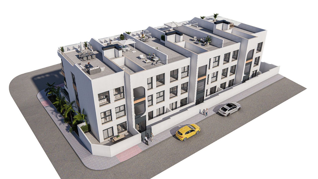 Penthouses with 3 bedrooms, 2 bathrooms, roof terrace, private parking and communal pool