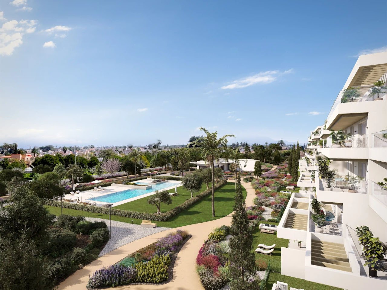 Apartments with 2 bedrooms, 2 bathrooms, air conditioning, underfloor heating in bathrooms, private parking and communal pool only 500 m from beach