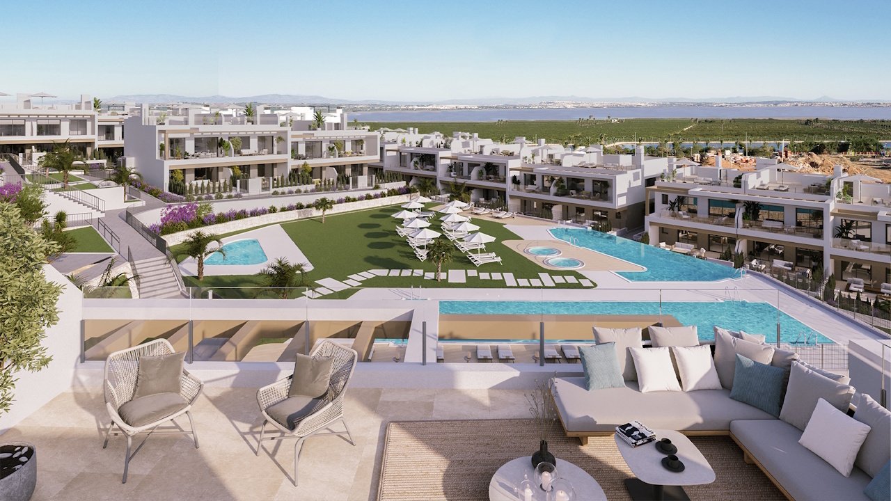 Top floor apartments with 2 bedrooms, 1 - 2 bathrooms, roof terrace, private parking, communal pools and heated whirlpools