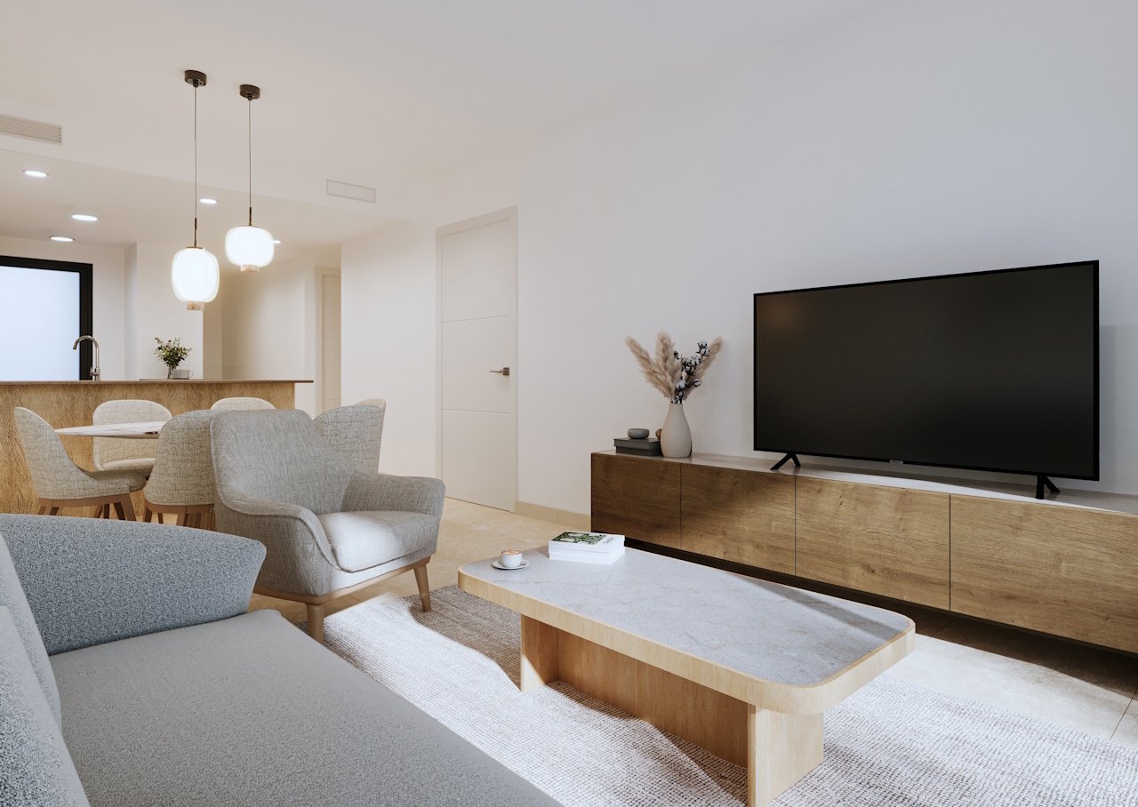 Top floor apartments with 2 bedrooms, 1 - 2 bathrooms, roof terrace, private parking, communal pools and heated whirlpools