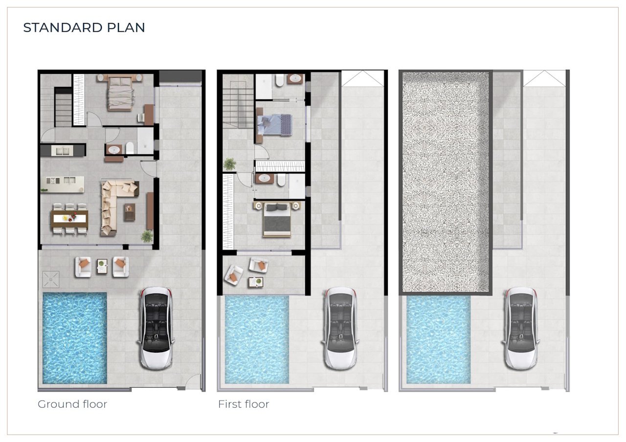 Villas with 3 bedrooms, 3 bathrooms, pre-installation air conditioning, fitted kitchens with white goods, private parking and private pool