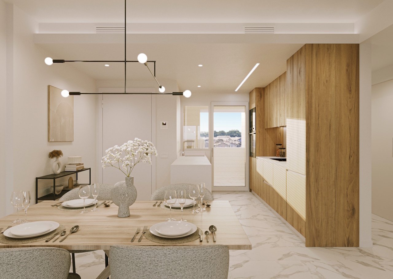Apartments with 2 bedrooms, air conditioning, underfloor heating in bathrooms and parking in underground car park only 400 m from the beach