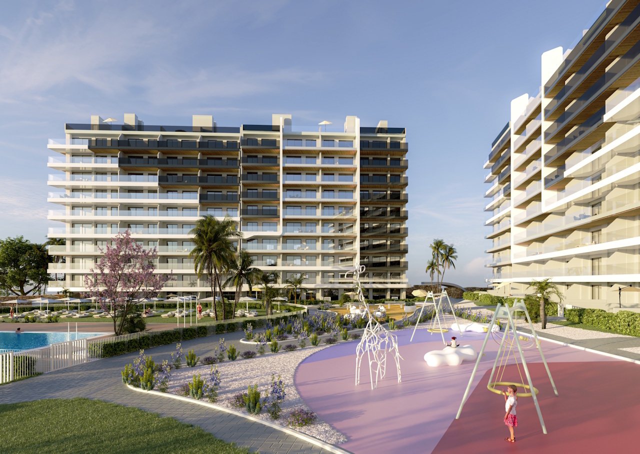 Apartments with 2 bedrooms, air conditioning, underfloor heating in bathrooms and parking in underground car park only 400 m from the beach
