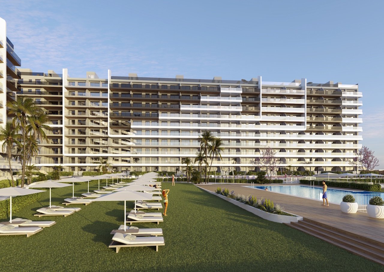 Apartments with 2 bedrooms, air conditioning, underfloor heating in bathrooms and parking in underground car park only 400 m from the beach