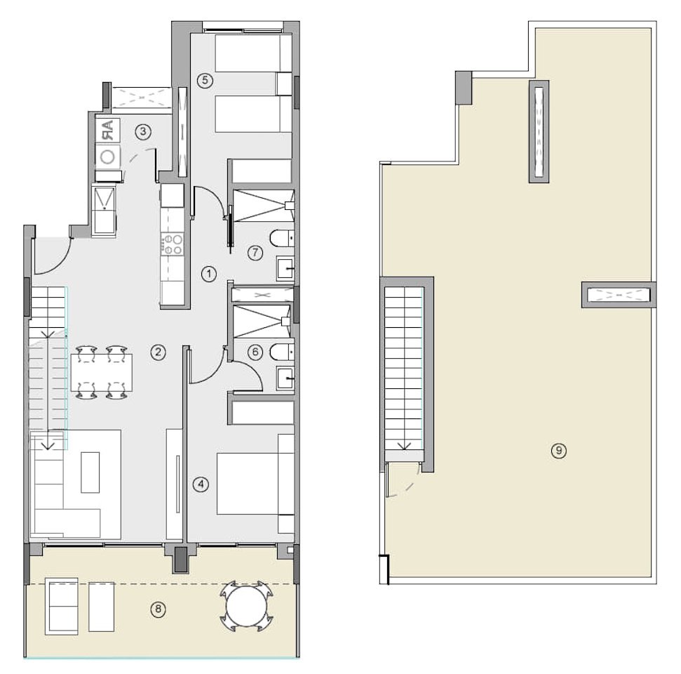 Penthouses with 2 bedrooms, air conditioning, underfloor heating in bathrooms and parking in underground car park only 400 m from the beach