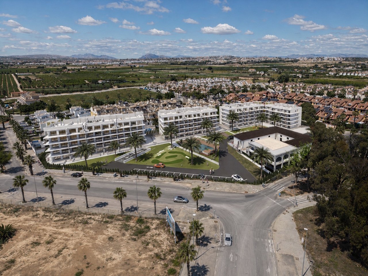 Apartments with 3 bedrooms and 2 bathrooms in a gated complex with communal pool and spa