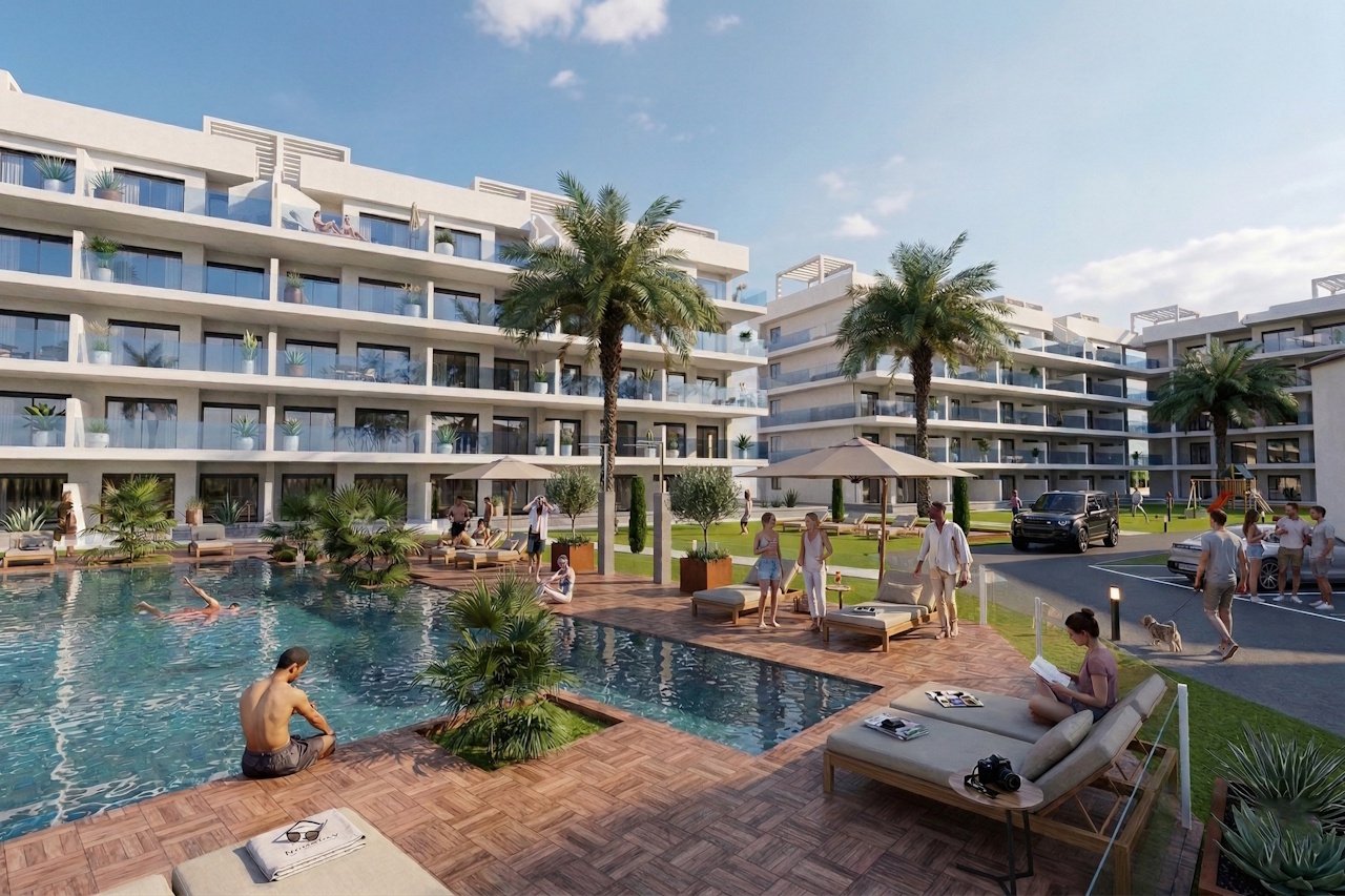Apartments with 3 bedrooms and 2 bathrooms in a gated complex with communal pool and spa
