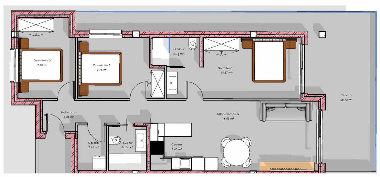 Apartments with 3 bedrooms and 2 bathrooms in a gated complex with communal pool and spa