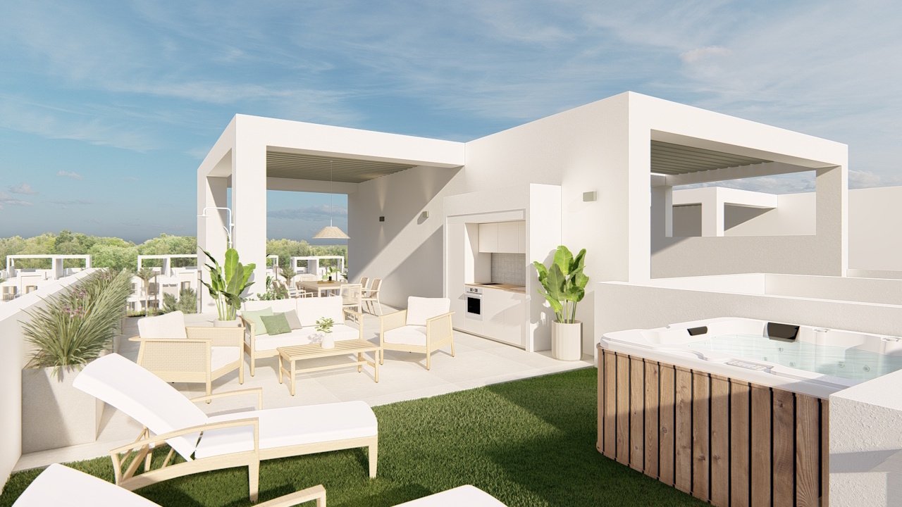 Penthouses with 3 bedrooms, air conditioning, private parking and communal pool, set within a beautiful golf resort just 500 metres from the beach