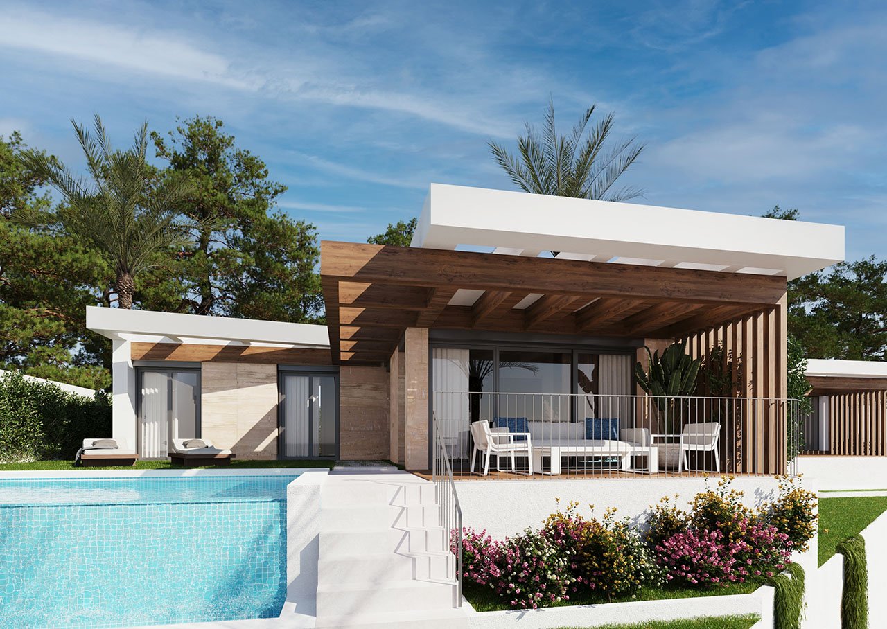 One-storey villas with 2 bedrooms, 2 bathrooms, optional roof terrace, air conditioning, sea views, private parking and private pool