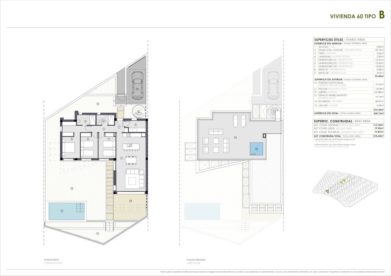 One-storey villas with 3 bedrooms, 2 bathrooms, optional roof terrace, air conditioning, sea views, private parking and private pool