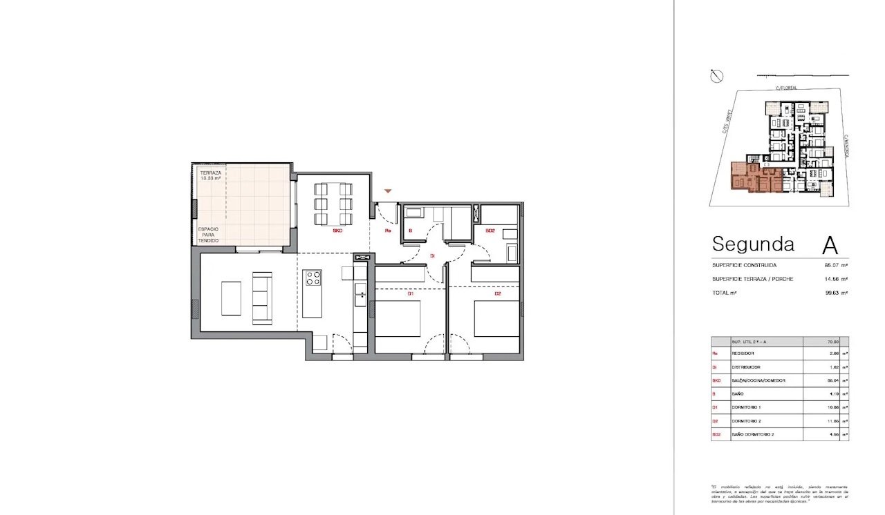 Apartments with 2 bedrooms, 2 bathrooms, air conditioning, private parking and communal pool just 750 m from the beach