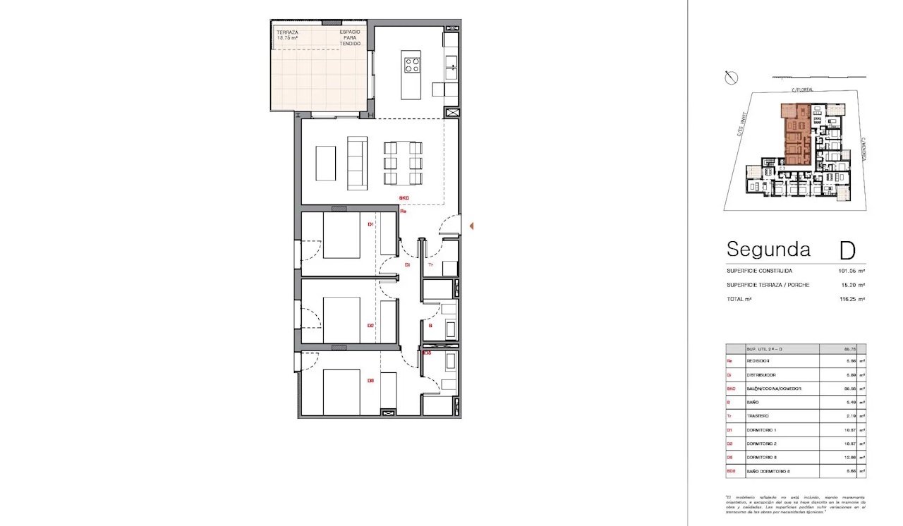 Apartments with 3 bedrooms, 2 bathrooms, air conditioning, private parking and communal pool just 750 m from the beach