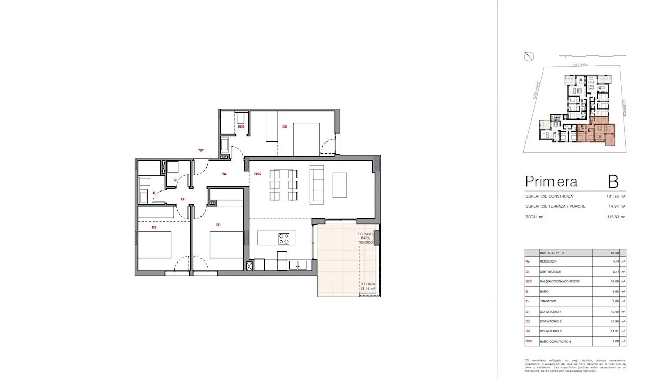 Apartments with 3 bedrooms, 2 bathrooms, air conditioning, private parking and communal pool just 750 m from the beach