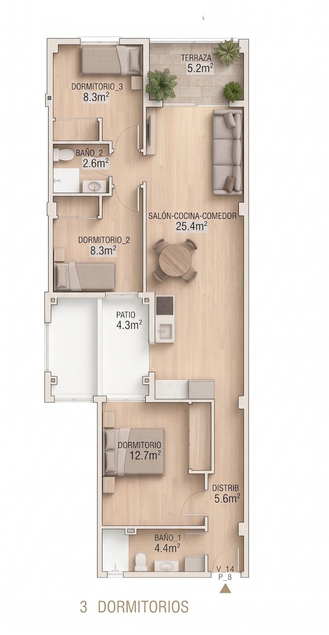 Apartments with 3 bedrooms, 2 bathrooms, pre installation air conditioning, optional parking in underground car park and communal pool