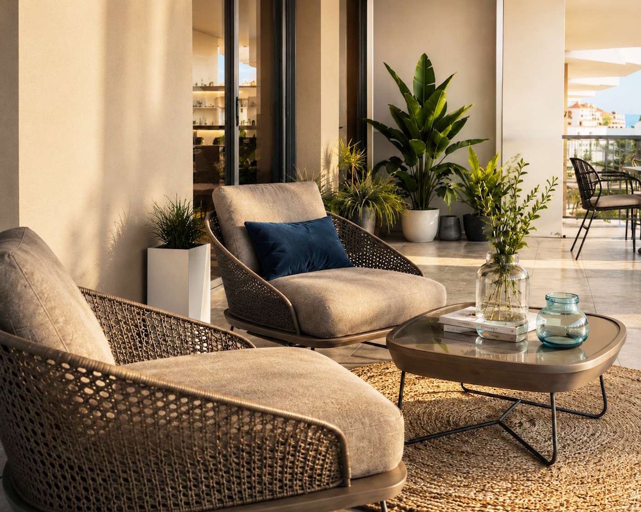 Apartments with 2 bedrooms, 2 bathrooms, air conditioning, underfloor heating in bathrooms, private parking and communal pool only 650 m from beach