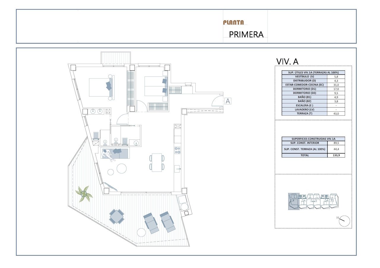 Apartments with 2 bedrooms, 2 bathrooms, air conditioning, underfloor heating in bathrooms, private parking and communal pool only 650 m from beach