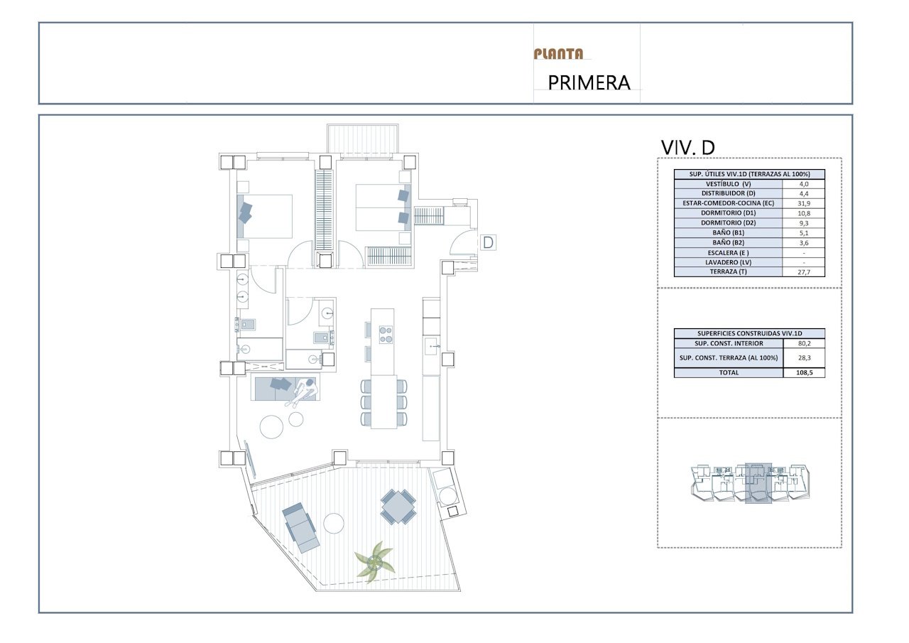 Apartments with 2 bedrooms, 2 bathrooms, air conditioning, underfloor heating in bathrooms, private parking and communal pool only 650 m from beach