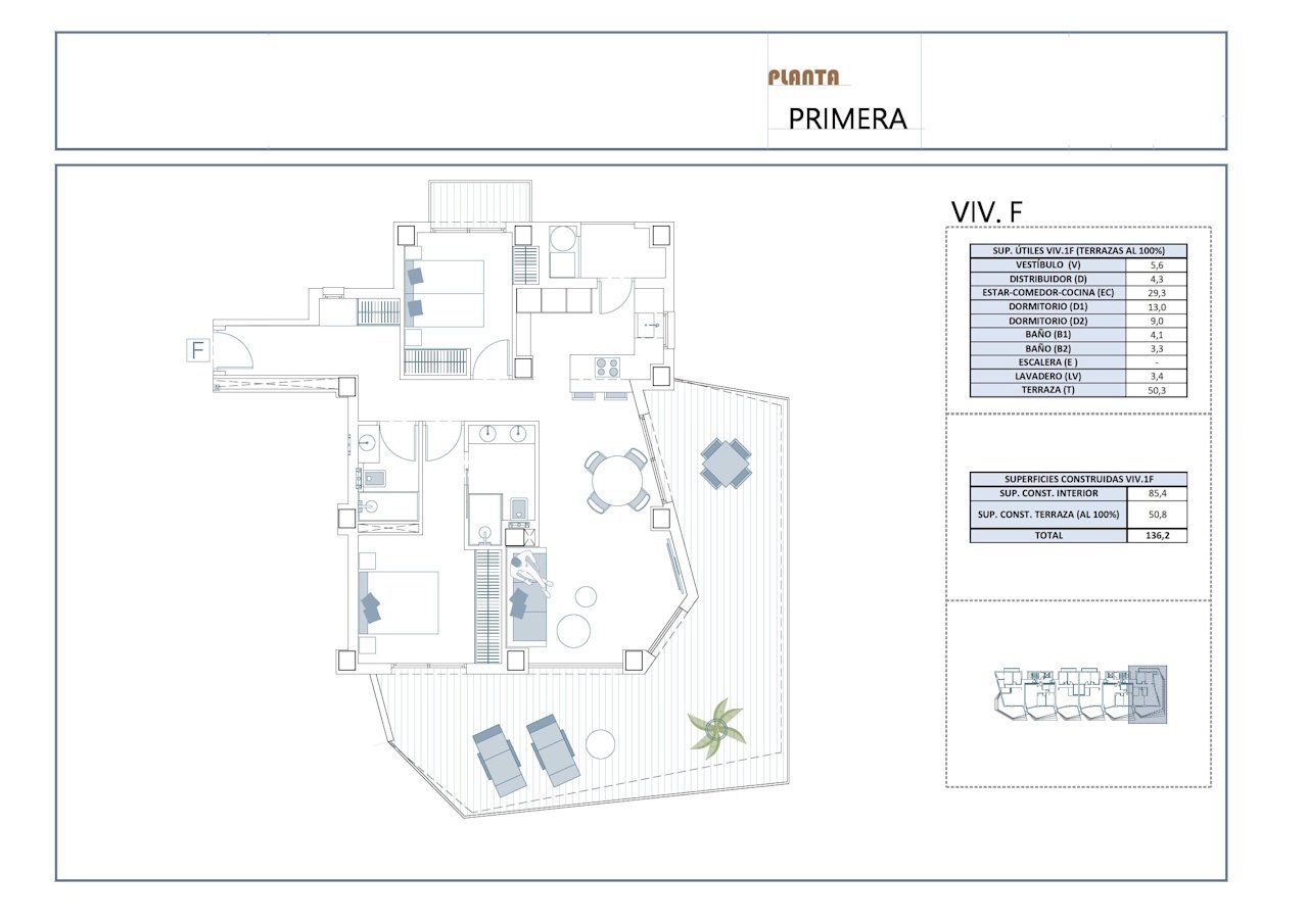 Apartments with 2 bedrooms, 2 bathrooms, air conditioning, underfloor heating in bathrooms, private parking and communal pool only 650 m from beach