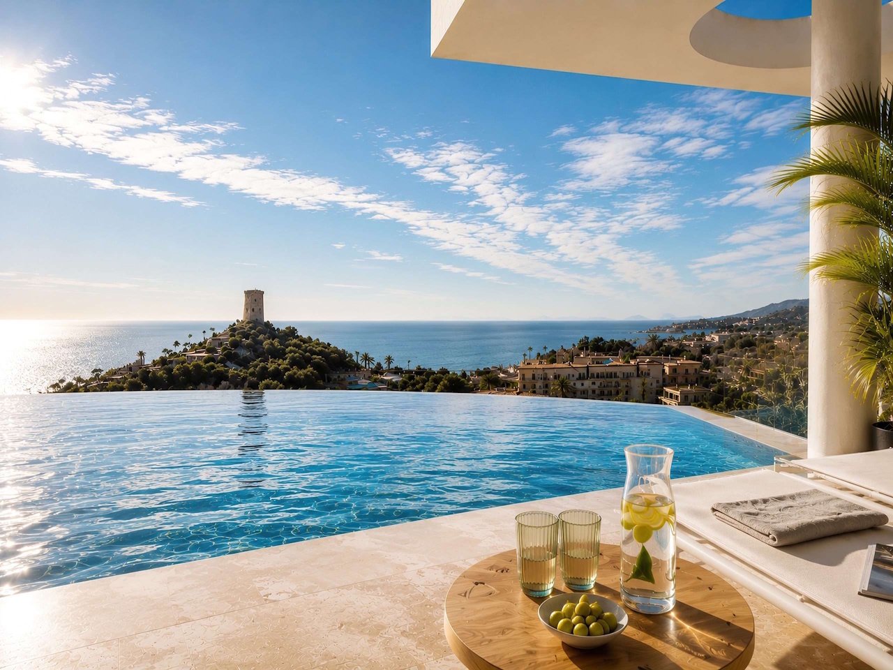 Apartments with 2 bedrooms, 2 bathrooms, air conditioning, underfloor heating in bathrooms, private parking and communal pool only 650 m from beach