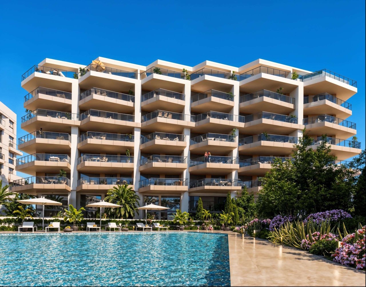 Apartments with 2 bedrooms, 2 bathrooms, air conditioning, underfloor heating in bathrooms, private parking and communal pool only 650 m from beach
