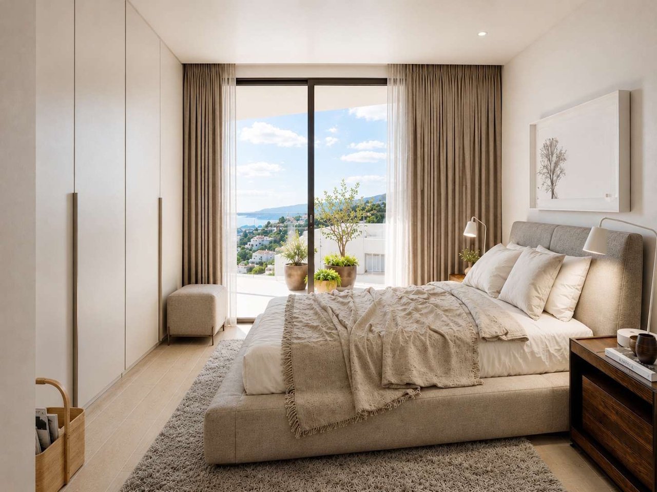 Penthouses with 2 bedrooms, 2 bathrooms, air conditioning, underfloor heating in bathrooms, private parking and communal pool only 650 m from beach