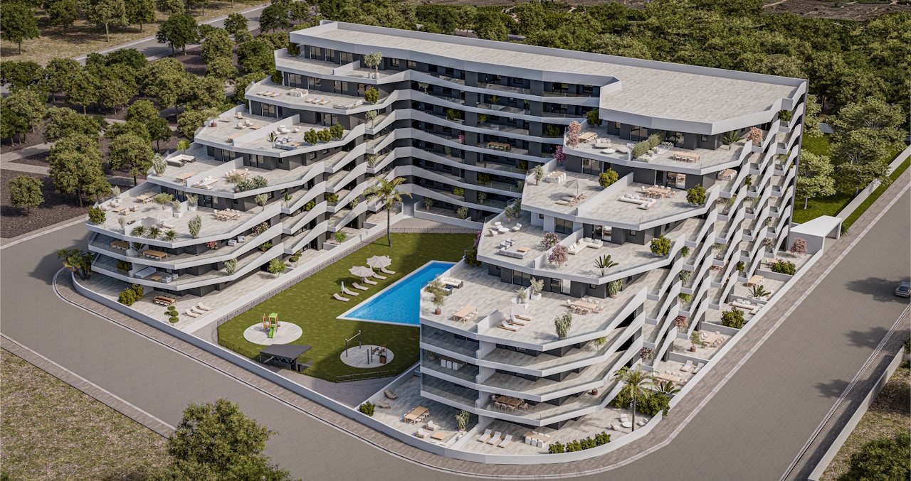 Modern apartments with 2 bedrooms, 2 bathrooms, spacious terrace, private parking and communal pool