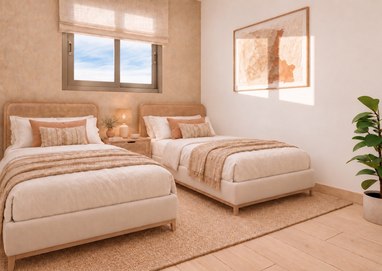 Apartments with 3 bedrooms, 2 bathrooms, pre-installation A/C and communal pool only 1 km from the beach