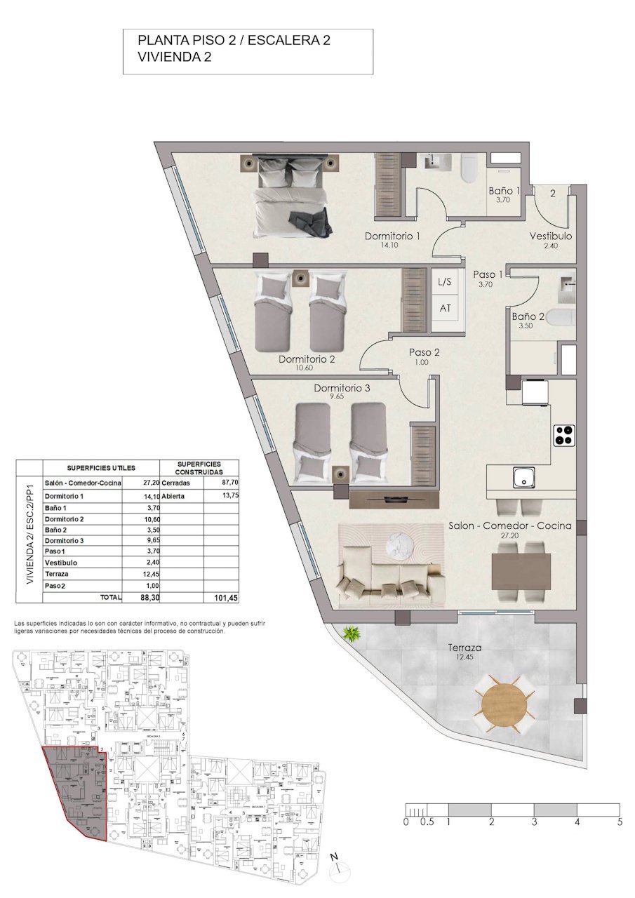 Apartments with 3 bedrooms, 2 bathrooms, pre-installation A/C and communal pool only 1 km from the beach