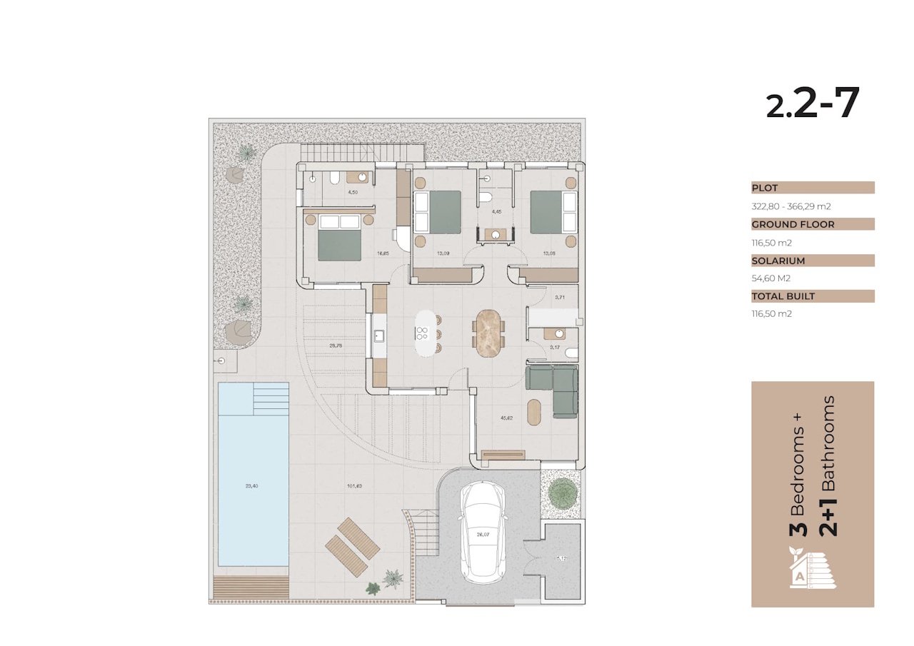 One level villas with 3 bedrooms, 2 bathrooms, toilet, private pool and private parking at La Finca Resort