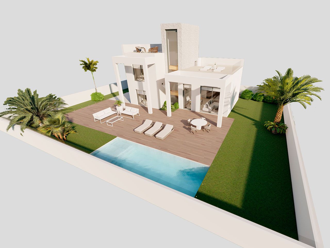 Exclusiv 3 bed villas with sea views, roof terraces, private pool and optional basement