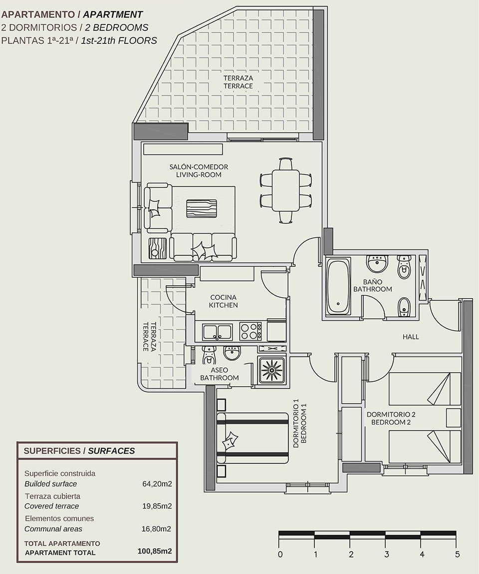 Furnished apartments with 2 bedrooms, 2 bathrooms, communal pool and sea views only 500 m from the beach