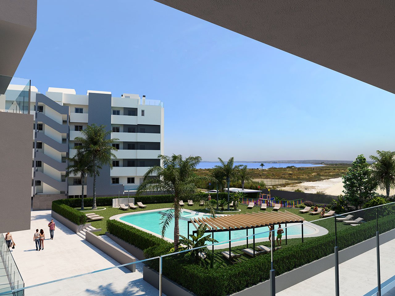 Apartments with 3 bedrooms, 2 bathrooms, pre-installation A/C, private parking, sea views and communal pool only 100 m from the beach